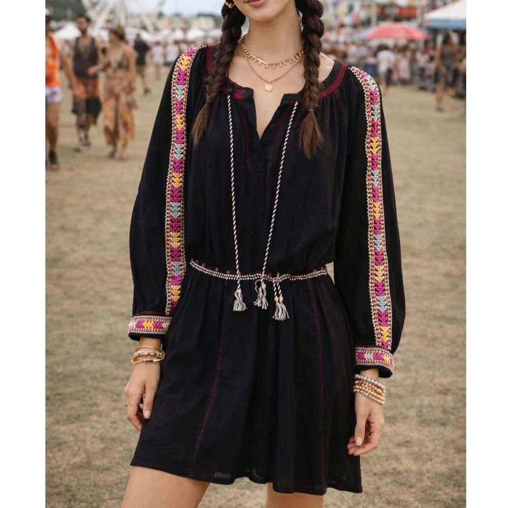 Roller Rabbit 100% Coton Oditi Black Boho Dress with Burgundy Trim - Size XL
